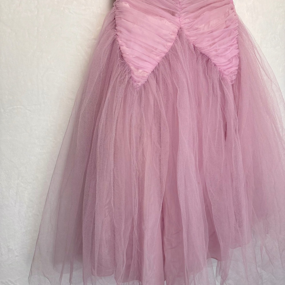 Vintage Lilac Tulle Off Shoulder Tea Length Party Dress Ruched 50s 24 Waist - Picture 7 of 11